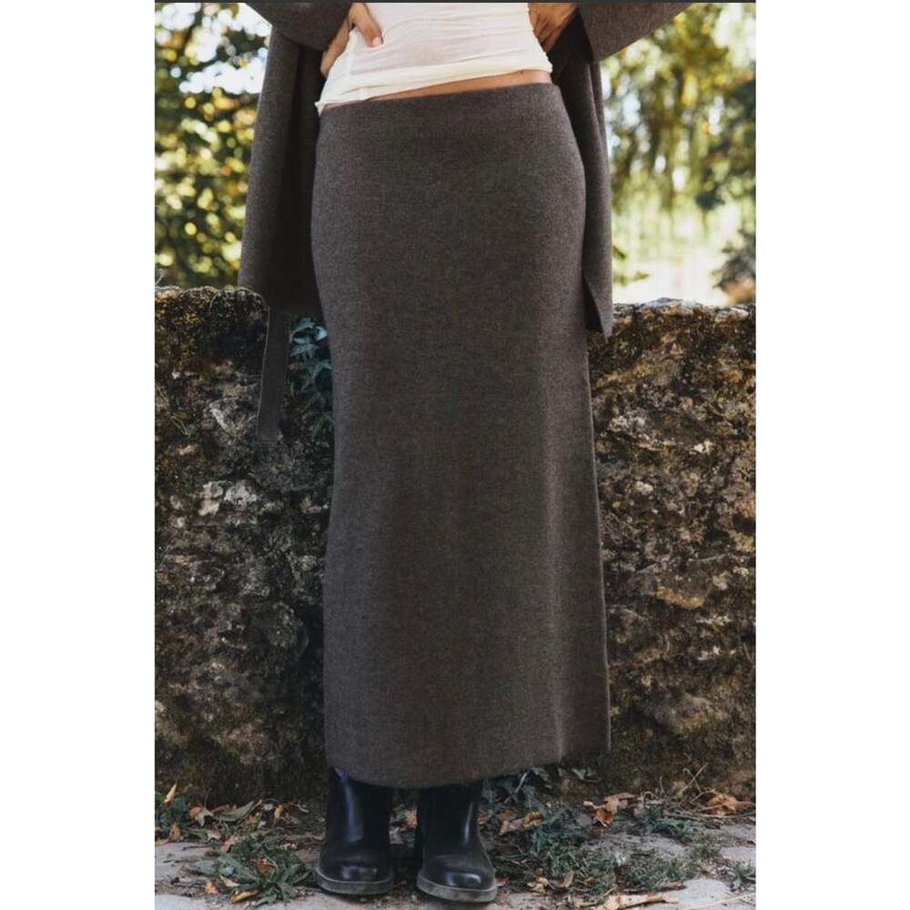 Zara Women’s S Dark Olive Green Wool Alpaca Blend Knit Midi Skirt Side Slit